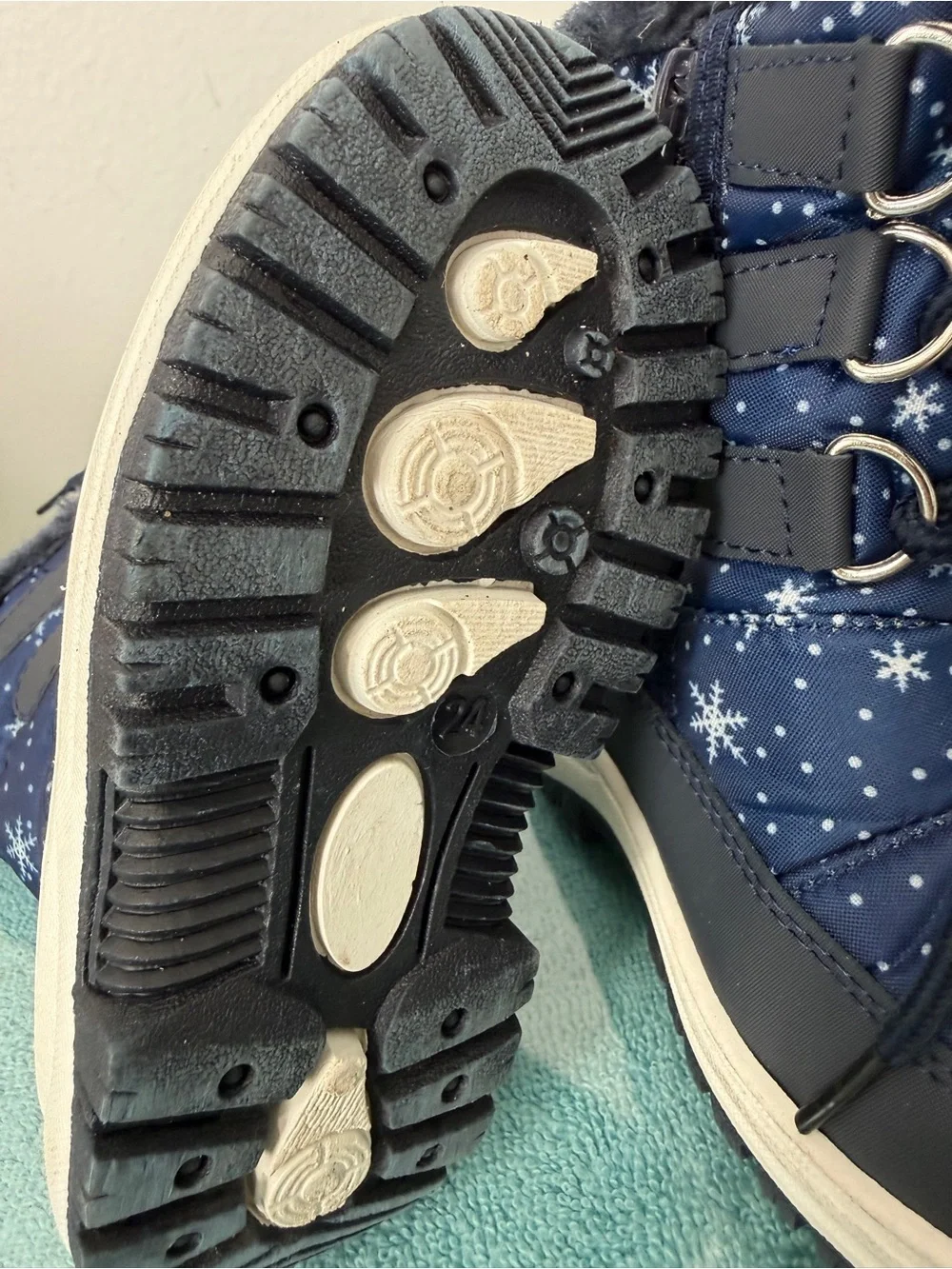 Kids Navy Snowflake Winter Boots with Faux Fur Collar